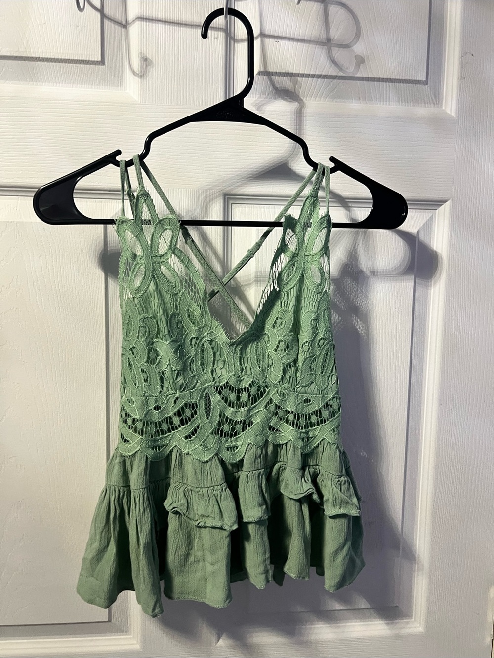 Lace-Trim V-Neck Peplum Cami Top - Sage Green